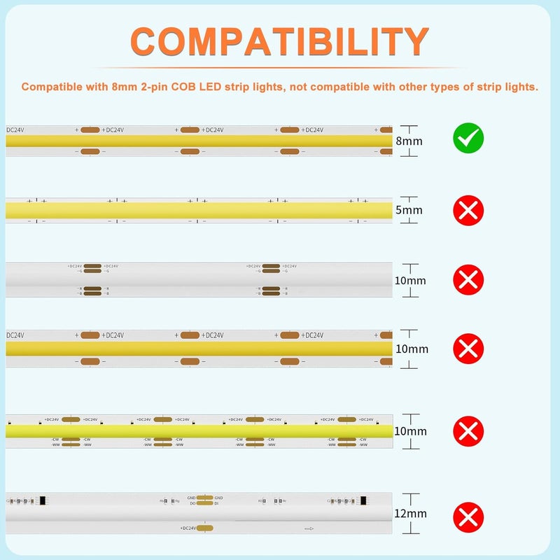MIWISE 8mm COB LED Strip Connectors Kit, L-Shaped/Corner/T-Shaped/Cross Connectors, Strip-to-Strip & Extension Connectors with DC Female Plug, for DIY Lighting Projects, 5V/12V/24V - Image 5